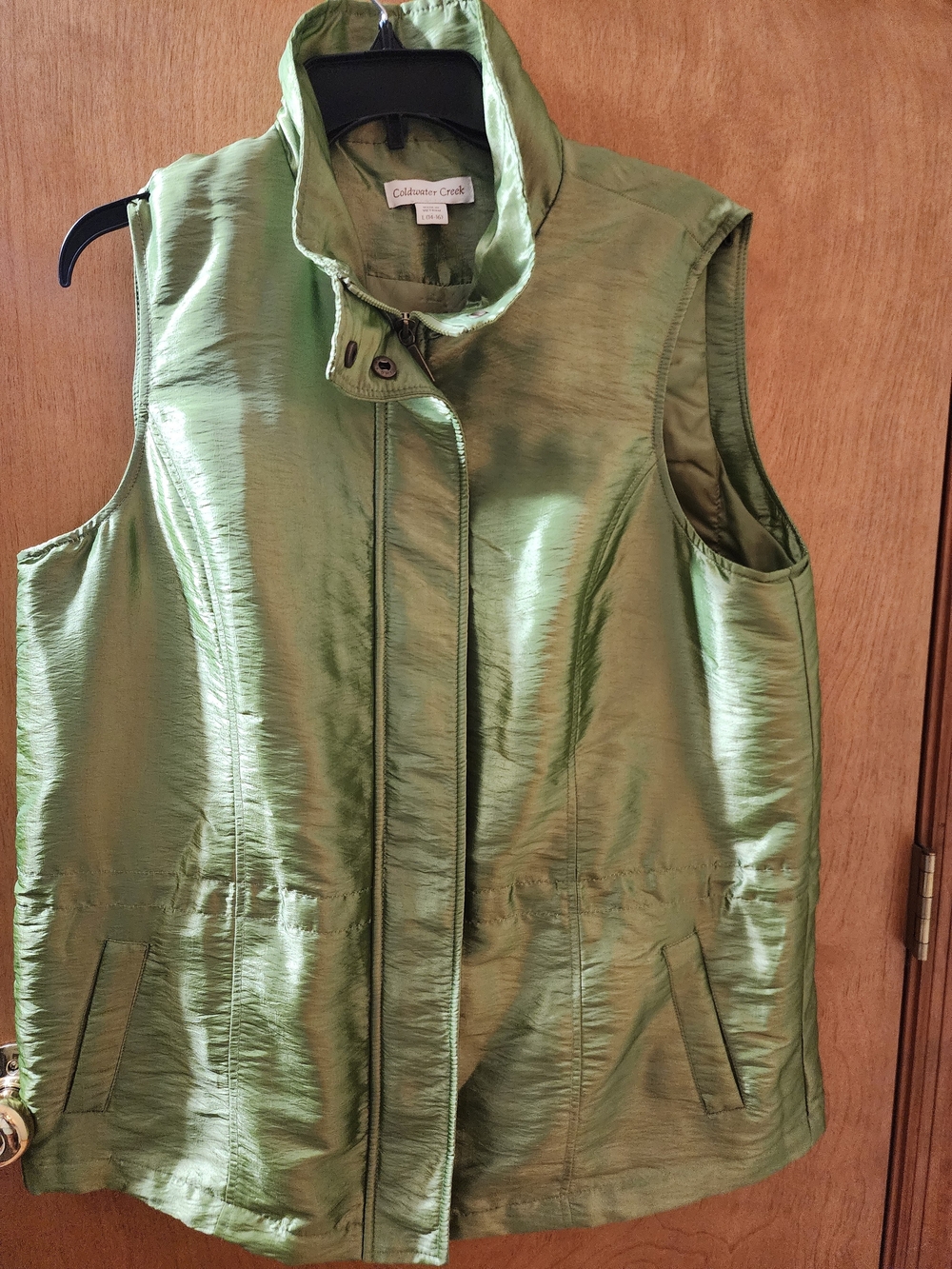 Coldwater Creek Metallic Shiny Green Cinch Waist Vest Shimmer Size L